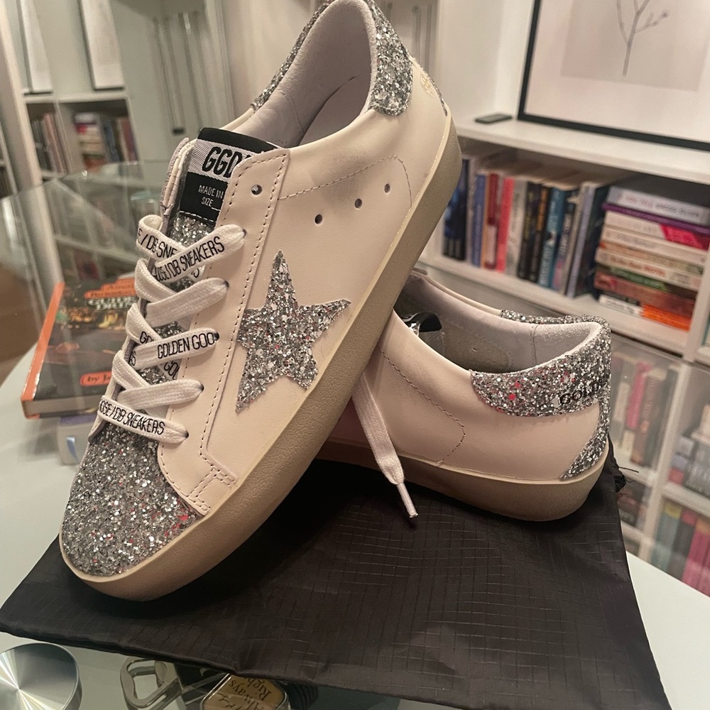 Golden Goose Silver and White Sneakers with Glitter Star